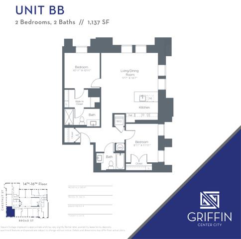 Floor plan for 2 beds, 2 baths, 1137 sqft